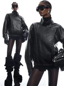 LYSMO Women's Solid Color PU Leather Long Sleeve Loose Casual Jacket - Black - View 1