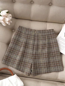 SHEIN Franclia 春夏秋冬深咖啡色格紋裙褲，優雅休閒時尚百搭浪漫約會通勤 - 杏色 - 查看 2