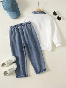SHEIN 2件組小男孩秋冬休閒 Polo 運動衫與牛仔褲套裝 - 彩色 - 查看 2