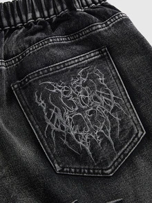 ROMWE Grunge Punk Plus Size Casual Washed Embroidered Denim Jeans - Black - View 5
