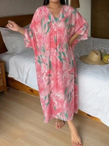 Dazy Plus Gaun Tidur Rumah Kasual Wanita Ukuran Besar Model Leher V Motif Bunga - Watermelon Pink - View 6