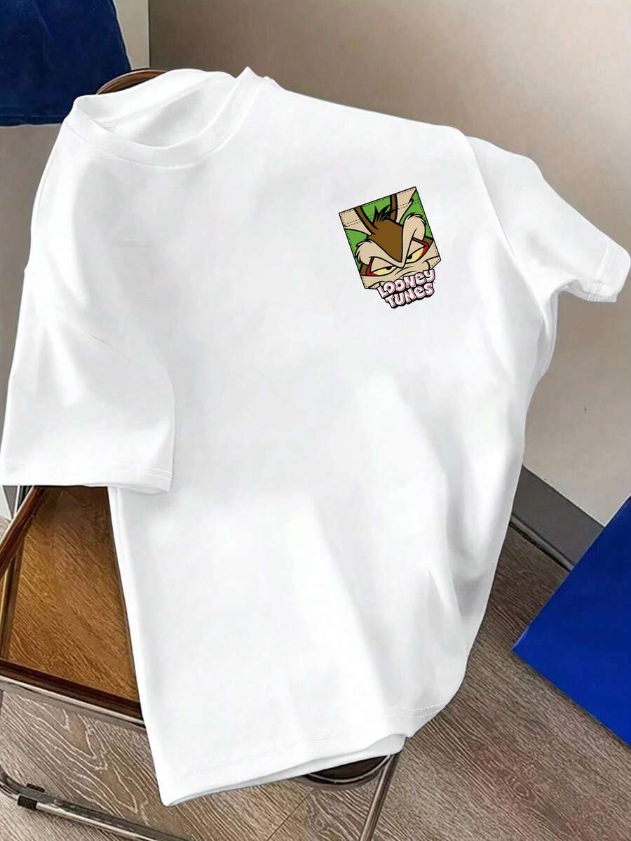 LOONEY TUNES X SHEIN Manfinity Joysei 男士時尚卡通印花圓領短袖T恤 - 白色 - 查看 1