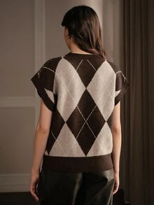 Anewsta Autumn/Winter Diamond Checkered Round Neck Knit Short Sleeve Top, Layering Piece For Sweaters, Versatile And Stylish - Khaki - View 7