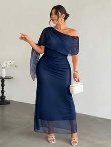 Firerie Plus Size Women's Long Sleeve Dress, Comfortable Casual Elegant Vacation Date Party Gathering Afternoon Tea Exquisite Charming INS Style Fashion Ruched Cape Asymmetrical Overlay Mesh Elastic - Navy Blue - View 6