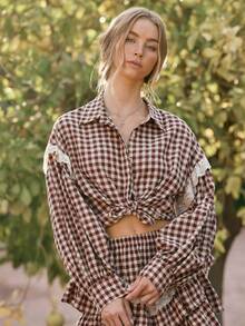 WESTFADE Collared Button Front Gingham & Lace Tie Front Top, Fall Winter 2026, Western Style, Cowgirl Clothing, Rodeo, Female Country Look, Autumn - Multicolor - View 4
