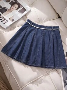 GlowEve Women's Waist Contrast Lace Casual Denim Skirt - Blue - View 3
