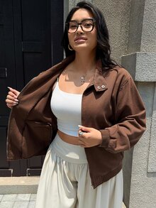 Flexra Plus Size Vintage Button & Zipper Long Sleeve Pocket Denim Jacket - Brown - View 7