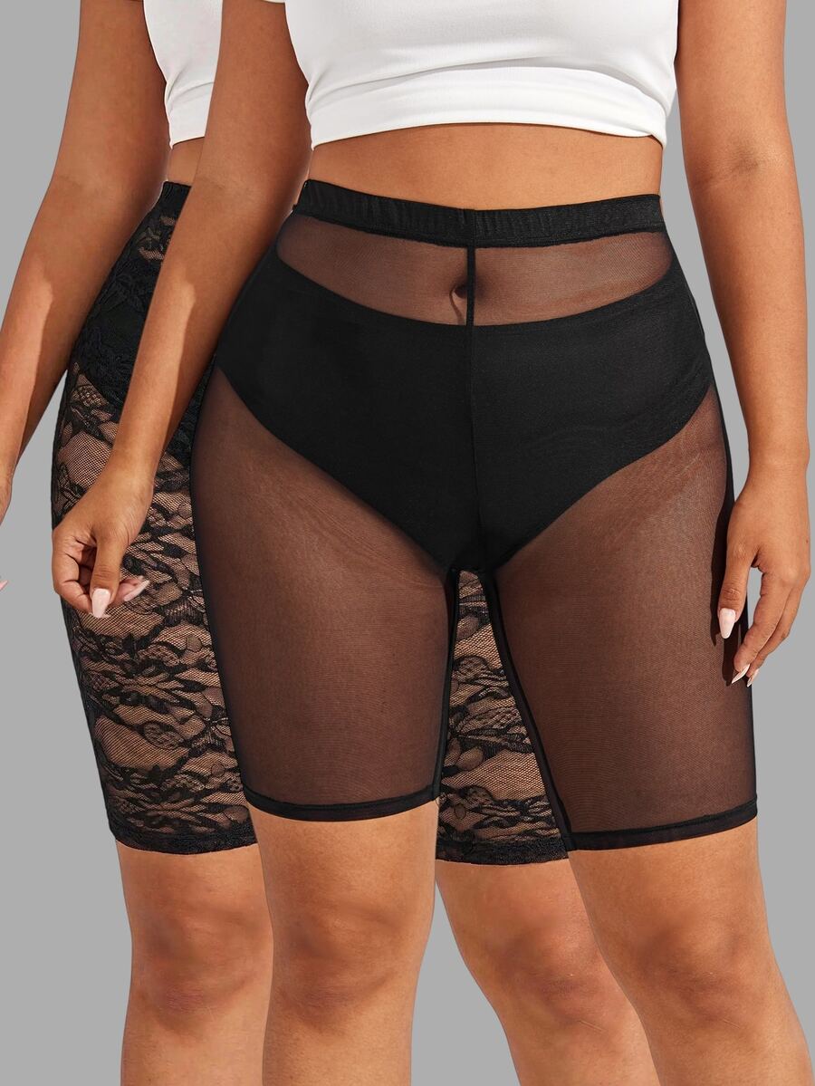 SHEIN SXY 黑色網紗蕾絲透視兩件式高腰短款緊身褲 - 黑色 - 查看 1