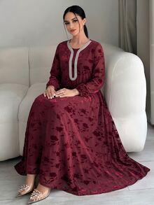 Yasmyna Women's Elegant Floral Flocked Arabian Dress - Red - View 2