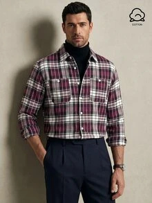 Lornavo Men's Plaid Long Sleeve Single-Breasted Casual Pocket Shirt Work White And Navy Autumn - Dusty Purple - View 1