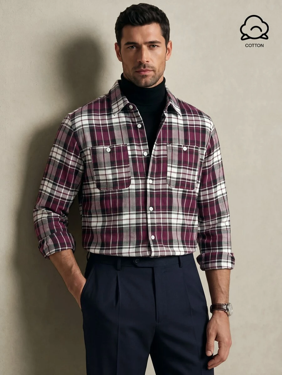 Lornavo Men's Plaid Long Sleeve Single-Breasted Casual Pocket Shirt Work White And Navy Autumn - Dusty Purple - View 1