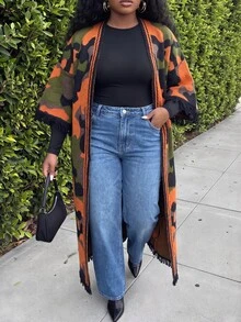 Slaydiva Plus Size Women's Knit Kimono, Camo Color Block Fringe Trim Long Plus Size Knit Wrap Coat Fall - Multicolor - View 6