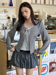 K-Vae Women's Korean Ins Style 2 In 1 Grey Frill Trim Oversized Scoop Neck Tie-Front Knit Cardigan, Contrast Color Drawstring Lantern Sleeve Grey Ribbed Sexy Sweet Girl Slimming T-Shirt - Grey - View 1