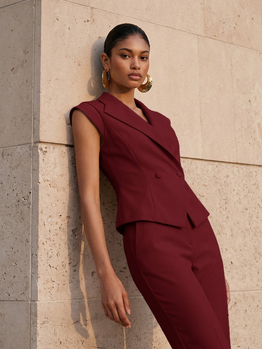 MOTF PREMIUM DOUBLE-BREASTED SLEEVELESS WAISTCOAT - Burgundy - View 1