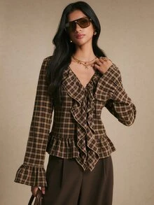 Poéselle Women's Plaid Ruffle Collar Flared Sleeve Fashion Blouse - Coffee Brown - View 7