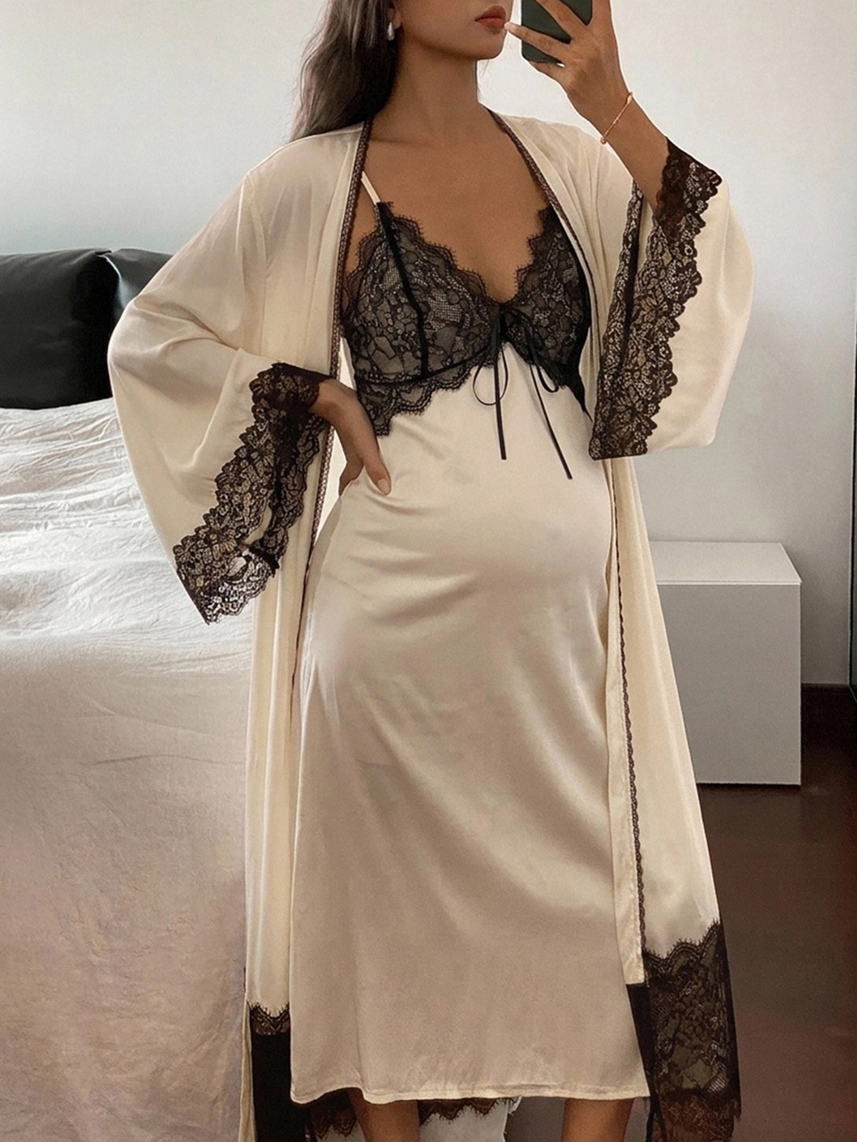 Contrast Lace Camisole Dress Loose Long Sleeve Cardigan With Waist Belt Casual Daily Home Wear Spring Autumn Maternity 2 Pieces Set Vacation