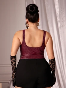 SHEIN BAE CURVE 大尺碼女款酒紅色緊身連身衣 - 酒紅色 - 查看 5