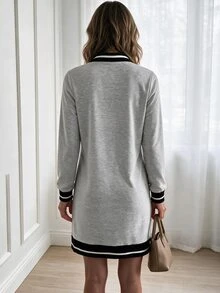 Louniche Women's Mini Long Sleeve Polo Collar Straight Dress - Grey - View 2