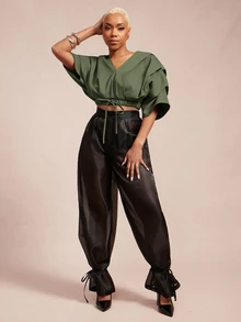 Vixey Solid Woven Pleated Structured Sleeve Drawstring Waist Top - Olive Green - View 3