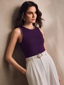 Anewsta Essential 現代新款女款夏季穿搭 鉚釘裝飾 極簡時尚圓領背心 通勤度假穿著 - 紫色 - 查看 3