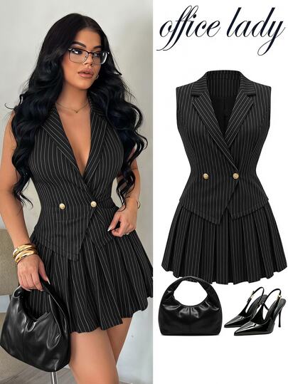SHEIN SXY Summer Elegant Casual Business Professional Black And White Striped Fitted Suit Set - Sleeveless Asymmetric Hem Vest Mini Pleated Skirt Work