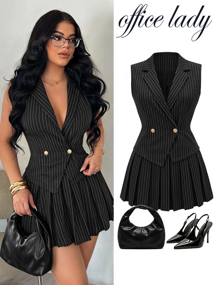SHEIN SXY Summer Elegant Casual Business Professional Black And White Striped Fitted Suit Set - Sleeveless Asymmetric Hem Vest Mini Pleated Skirt Work - Black and White - View 1