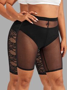 SHEIN SXY 黑色網紗蕾絲透視兩件式高腰短款緊身褲 - 黑色 - 查看 4