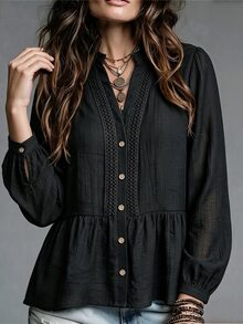 Breezaya Women's Fashion Casual Lace Button-Up Shirt - Black - View 4
