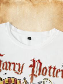 HARRY POTTER X SHEIN 女款字母卡通印花休閒日常短袖T恤 - 白色 - 查看 3