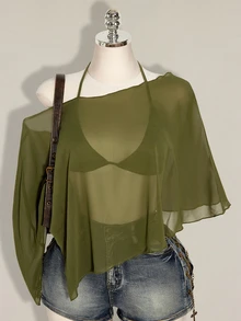 SHEIN ICON 大尺碼雪紡外套與三角罩杯繫帶背心兩件套女裝 - 軍綠色 - 查看 1