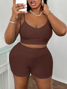 Slaydiva Summer Basic Loose Fit Women's Plus Size Outdoor Casual Set - Rust Brown - View 9