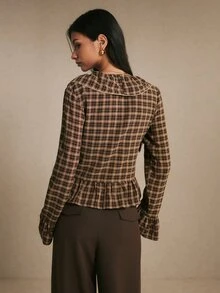 Poéselle Women's Plaid Ruffle Collar Flared Sleeve Fashion Blouse - Coffee Brown - View 4