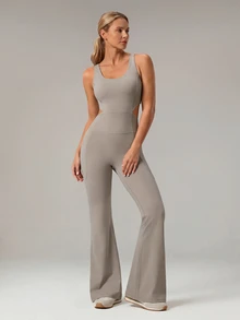 OutZeal Women Sports Jumpsuit Gym Workout Soft Stretch Bra-In Back Cut-Out Flared Leg One-Piece - Khaki - View 6