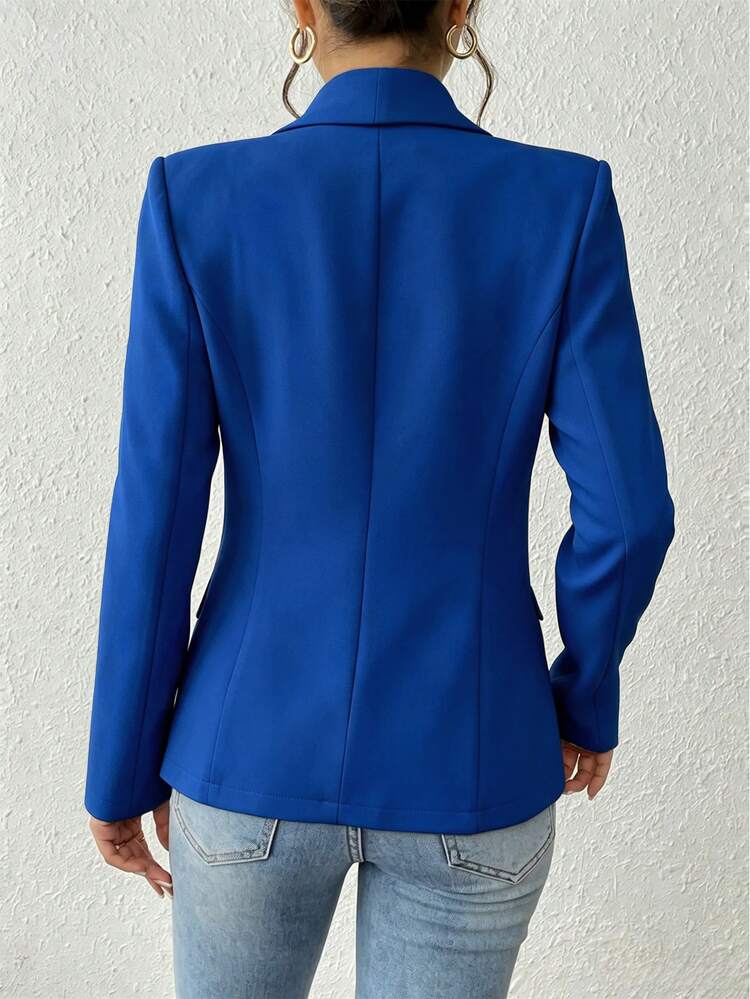 SHEIN PETITE Women's Solid Color Shawl Collar Long Sleeve Casual Blazer - Royal Blue - View 2