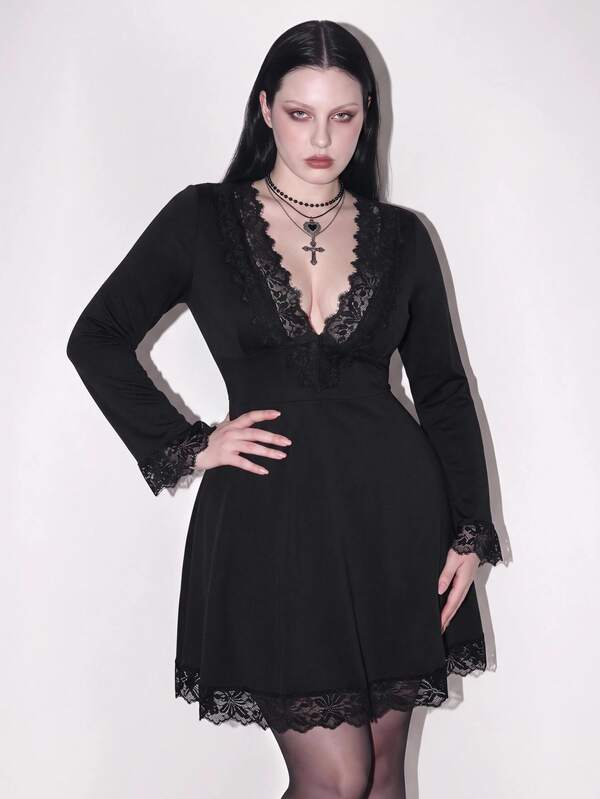 SHEIN ICON Plus Size Y2K Retro Lace Patchwork Neckline Decor Long Sleeve Cinched Waist A-Line Dress
