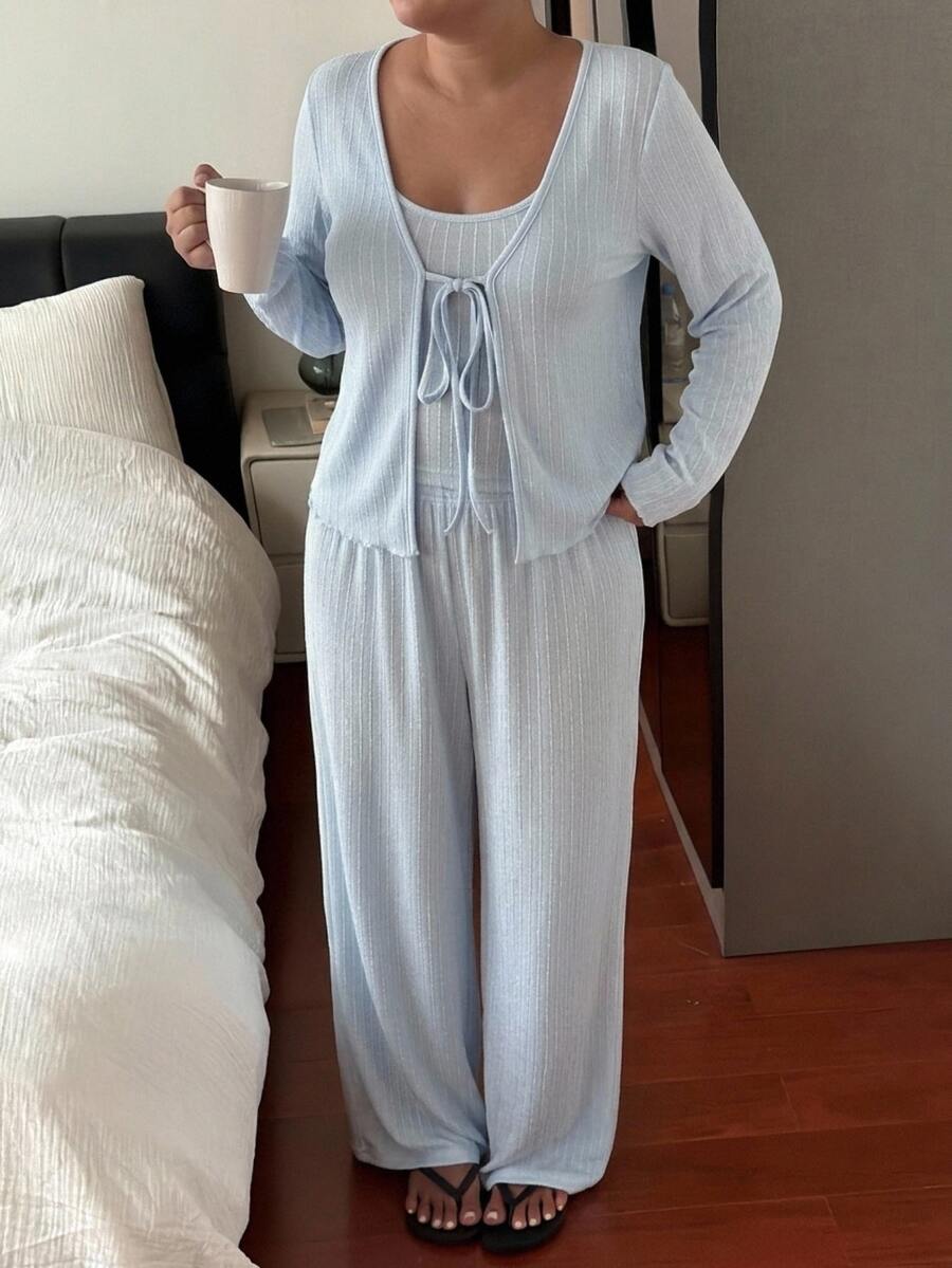 Dazy Plus Plus Size Women Solid Color Long Sleeve Front Tie Top, Camisole And Pants Casual 3 Pieces Pajama Set For Spring And Autumn - Baby Blue - View 1