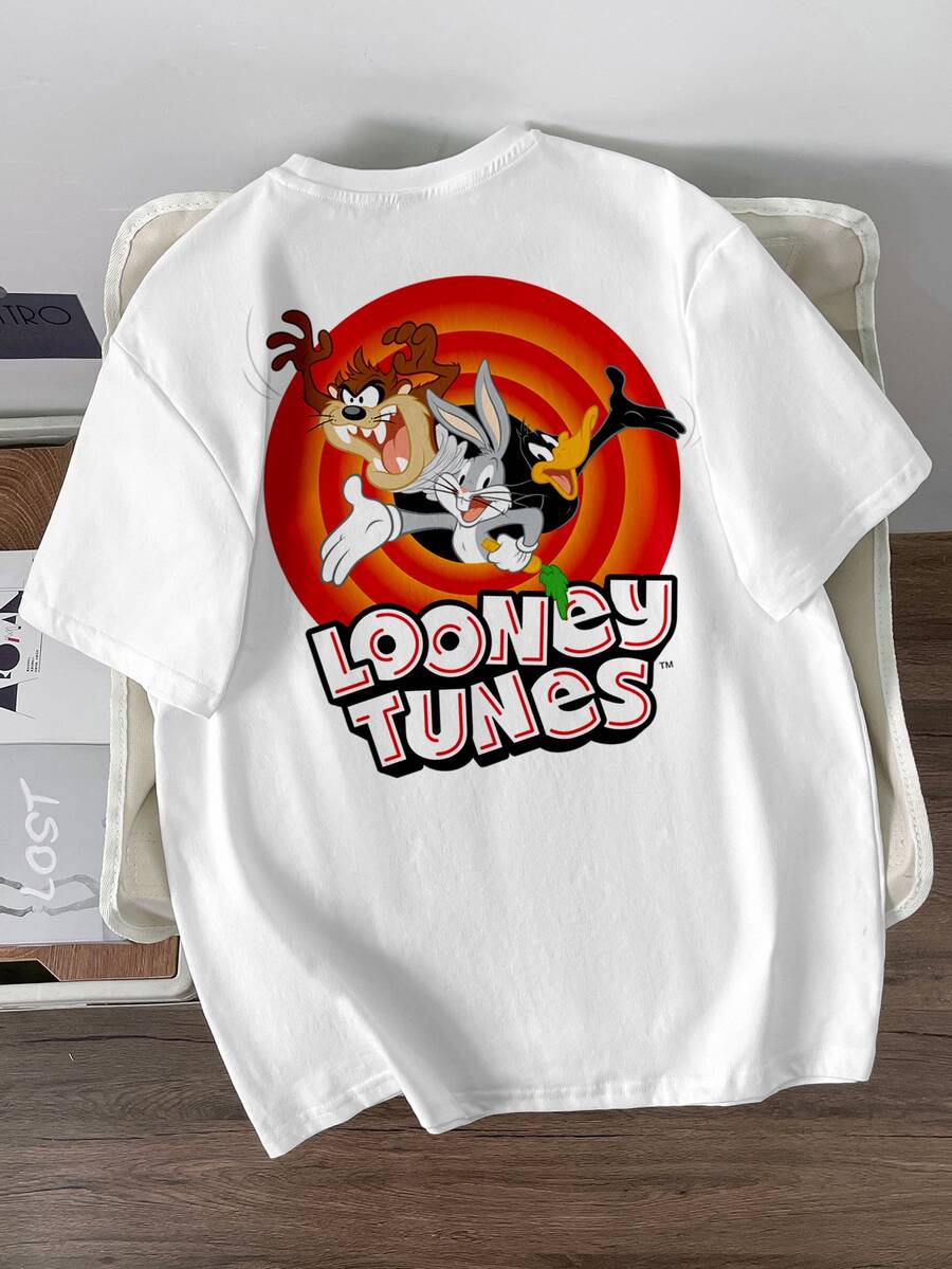 LOONEY TUNES X SHEIN Manfinity Joysei Men's Casual Everyday Short Sleeve T-Shirt With Letter & Cartoon Graphic - White - View 1