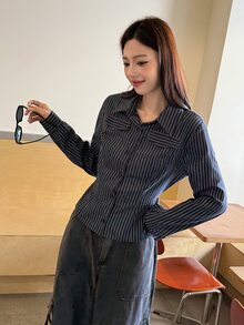 K-Vae Women's Korean Style Navy Blue Vertical Striped Waist-Cinching Versatile Long Sleeve Blouse - Multicolor - View 8