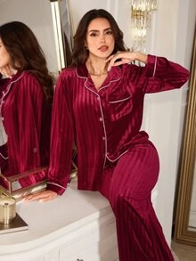 LuxeNights Women's Autumn/Winter Solid Color Striped Embossed Velvet Front Button Patch Pocket Long Sleeve Pants Pajama Set Loungewear - Red - View 1