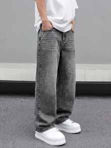 Manfinity EMRG Celana Jeans Denim Abu-abu Gelap Gaya Jalanan Kasual Pria - Dark Grey - View 5