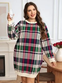 SHEIN LUNE Plus Size Women's Plaid Casual Everyday Knit Dress - Multicolor - View 1