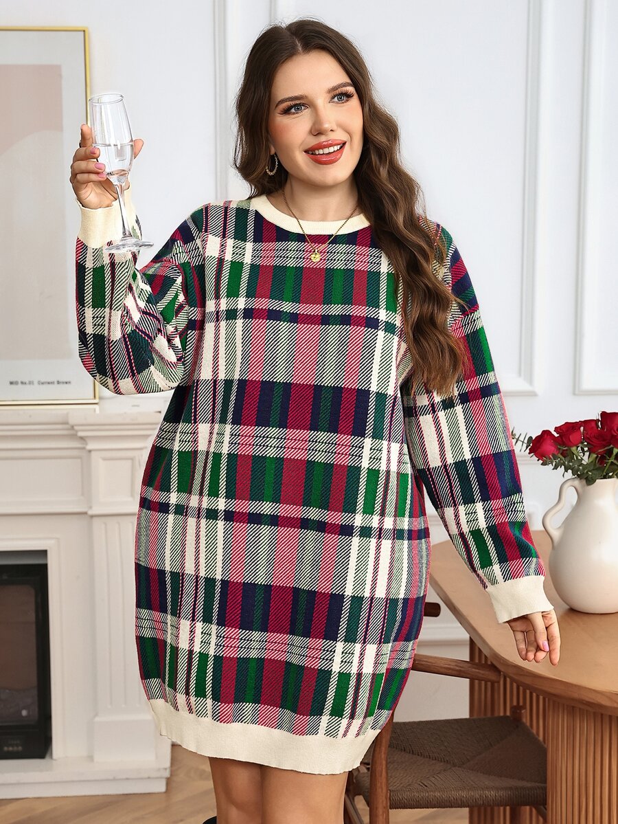 SHEIN LUNE Plus Size Women's Plaid Casual Everyday Knit Dress - Multicolor - View 1