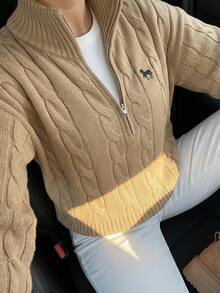 Dazy Plus Pattern Embroidered Cable Knit High Neck Long Sleeve Loose Zipper Casual Old Money Vacation Spring Autumn Pullover Sweater - Khaki - View 4
