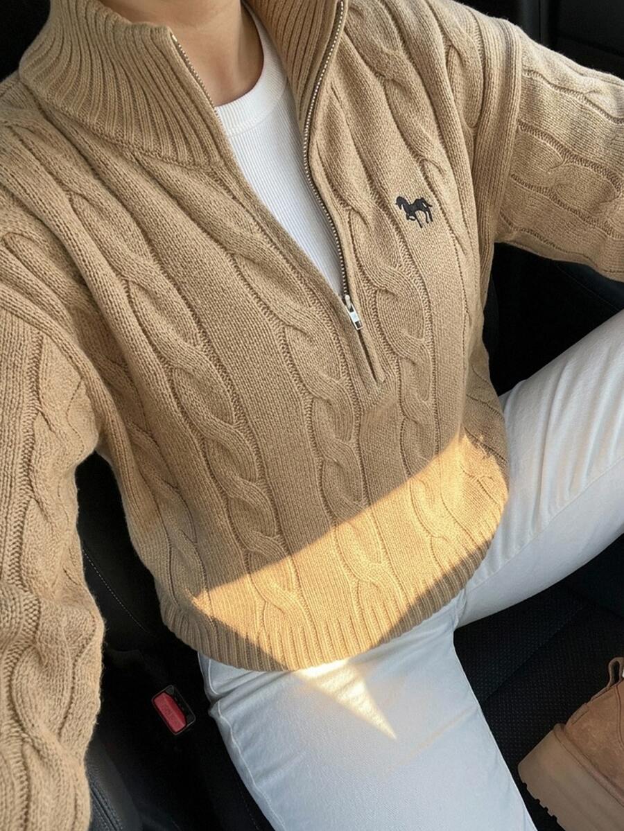 Dazy Plus Pattern Embroidered Cable Knit High Neck Long Sleeve Loose Zipper Casual Old Money Vacation Spring Autumn Pullover Sweater - Khaki - View 1