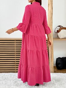 SHEIN Maternity Plaid V-Neck Notch Collar Flare Sleeve Ruffle Hem Casual Dress - Pink - View 2