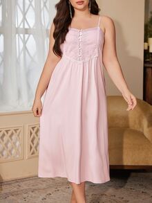 PalaceNights Set 2 Potong Gaun Tidur Ukuran Besar Bergaya Kerajaan dengan Bordir Tebal dan Hiasan Renda, Ukuran Plus, + Gaun Maxi Camisole - Dusty Pink - View 6
