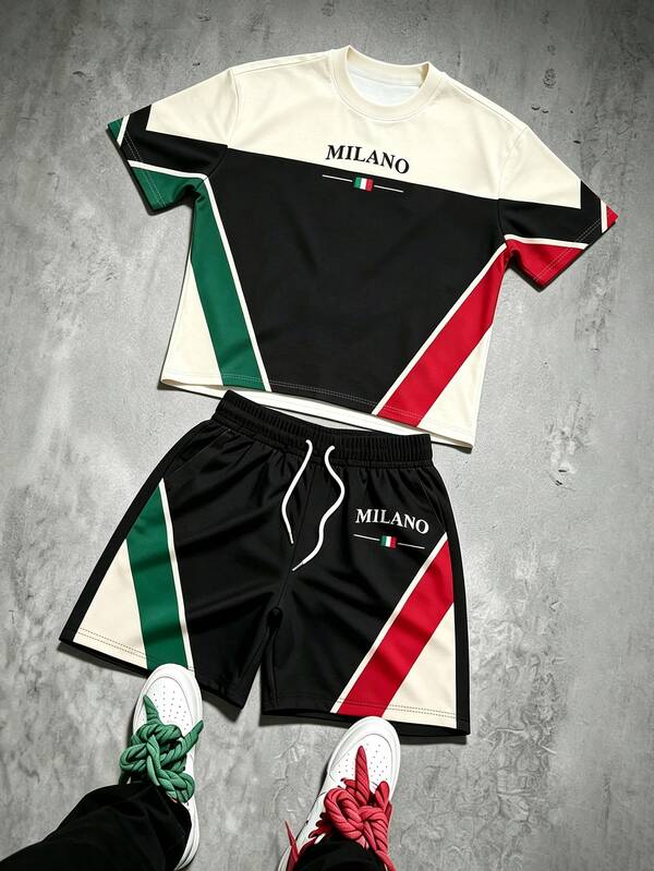 Alderstead Men's Loose Fit Letter Graphic Colorblock T-Shirt And Drawstring Shorts Set, Short Sleeve 2 Pieces Outfit, Suitable For Streetwear And Vacation Wear