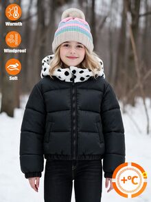 SHEIN Tween Girls Black Polka Dot Fleece Lining Hooded Winter Jacket School Club Cute Cool Girl - Baby Pink - View 4