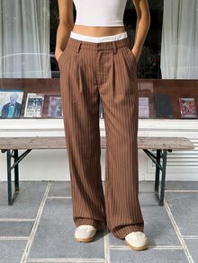 SHEIN EZwear 女款休閒條紋拼接色塊高腰寬腿西裝長褲，秋冬款 - 卡其色 - 查看 1