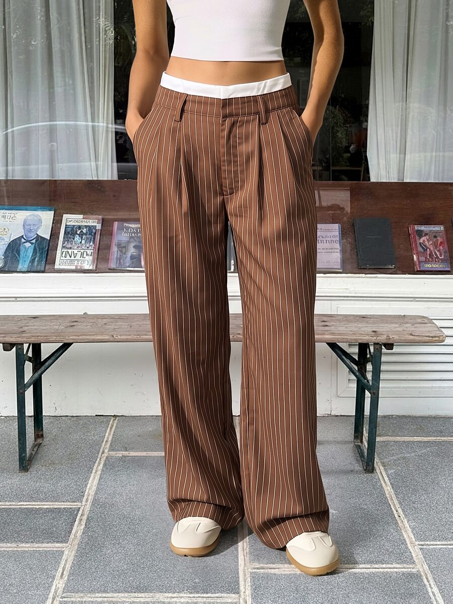 SHEIN EZwear 女款休閒條紋拼接色塊高腰寬腿西裝長褲,秋冬款 - 卡其色 - 查看 1